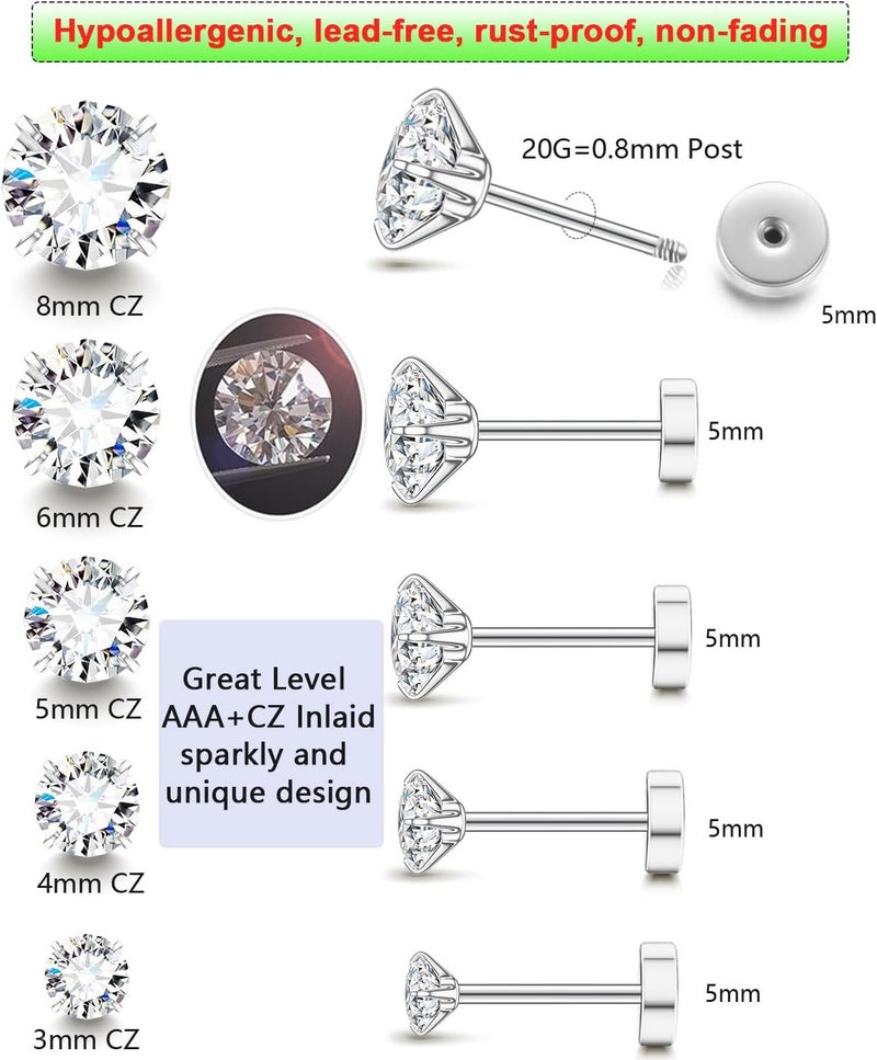 AMASIS Stud Earrings for Women Men, Hypoallergenic Women's 14K Gold Plated 316L Stainless Steel CZ Studs Earrings Simulated Diamond Round Cubic Zirconia Ear Stud Set - Image 2